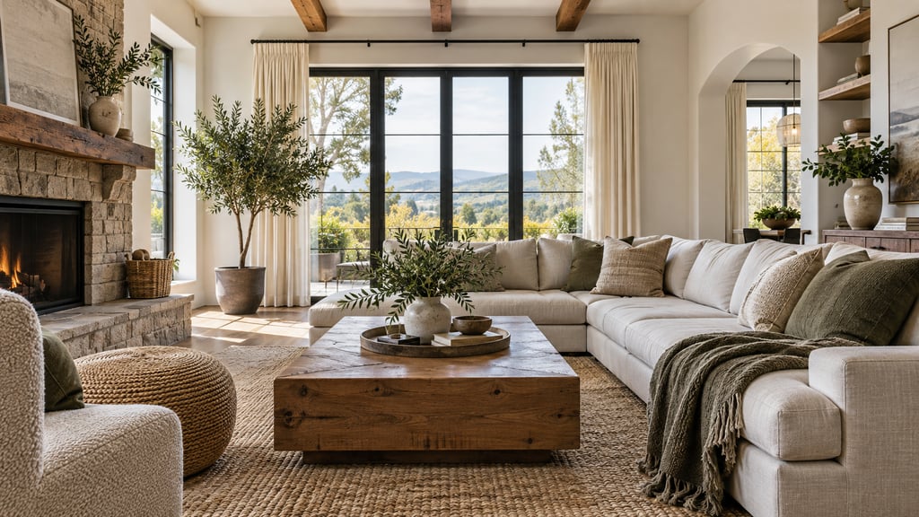 A beautifully presented family living room, generous sofa, solid timber table, muted greenery and bright windows