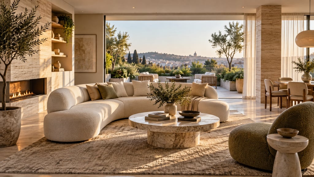 A bright contemporary penthouse lounge with curved sofa, framed garden terrace view and travertine details