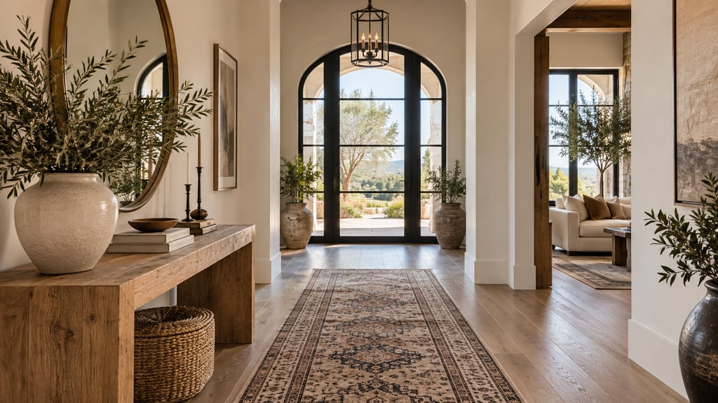 A beautifully styled entrance hall, oak console, oversized round mirror, ceramic vessel and patterned runner