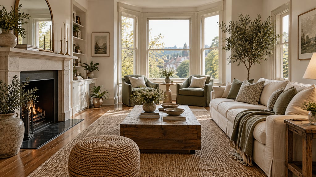 A welcoming real-estate interior with bay window, natural textures, warm white walls and subtle sage accents