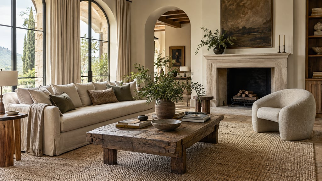 A comfortable elegant living room, classic linen sofa, antique timber table and contemporary sculptural chair