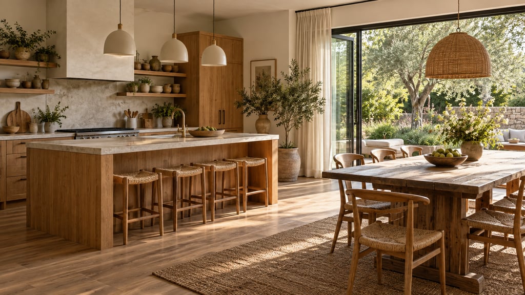 A calm family home with connected kitchen and dining space, warm timber, linen and garden light