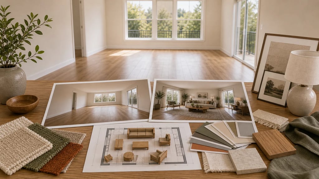 Before and after furnishing an empty room
