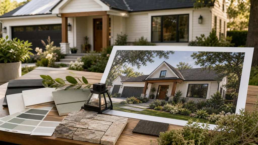 Exterior redesign planning with material samples, paint swatches, and a home concept image