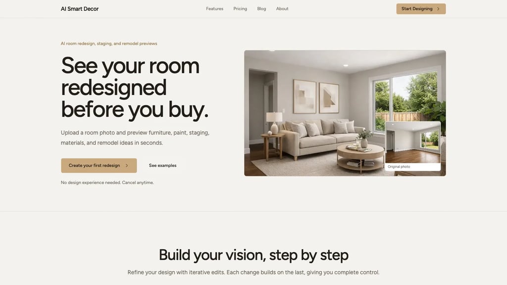 AI Smart Decor landing page hero section