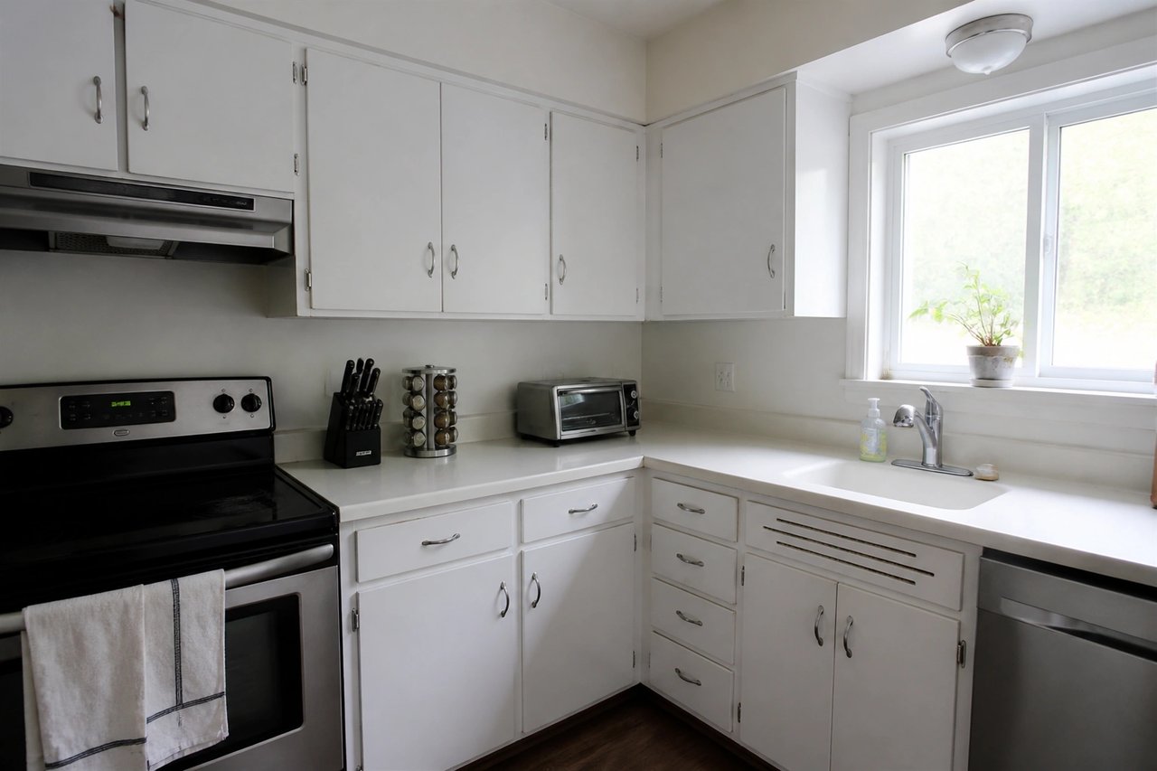 Plain laminate kitchen countertops before AI redesign