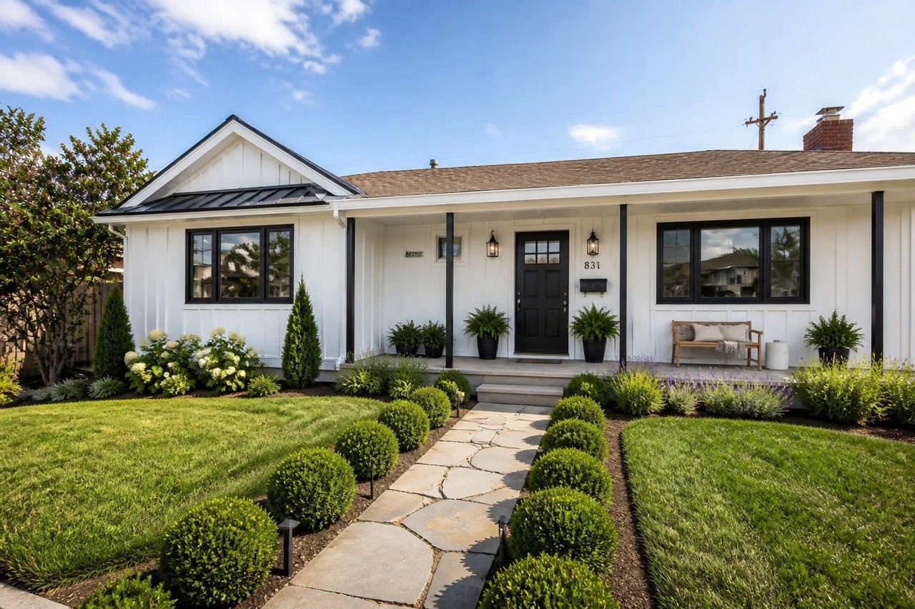 White modern farmhouse exterior after AI redesign