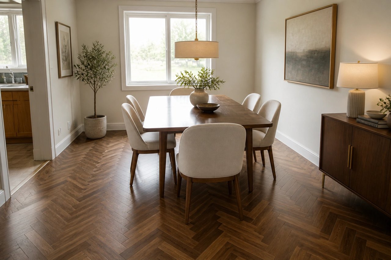 Dining room with herringbone wood parquet floor after AI redesign