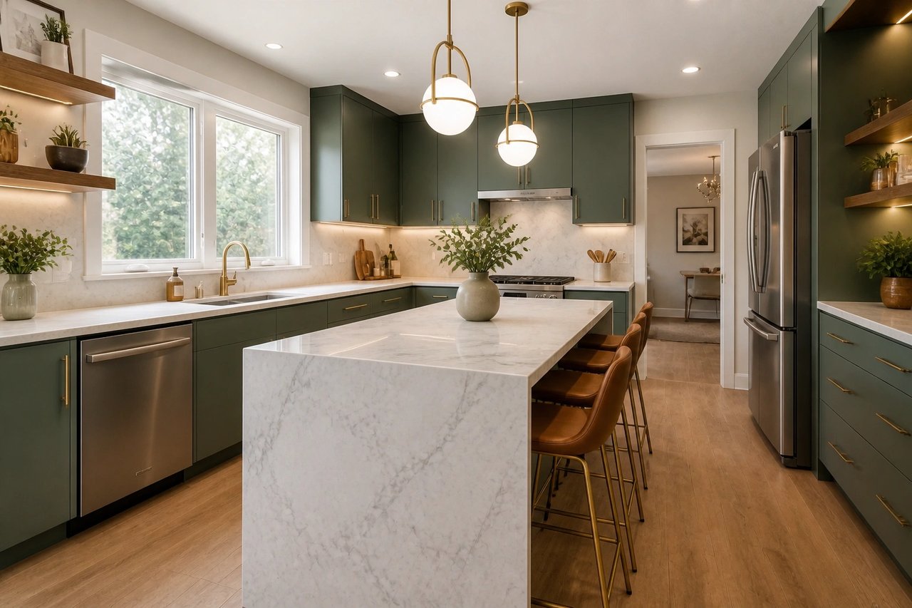 Striking modern green-and-marble kitchen after AI home design