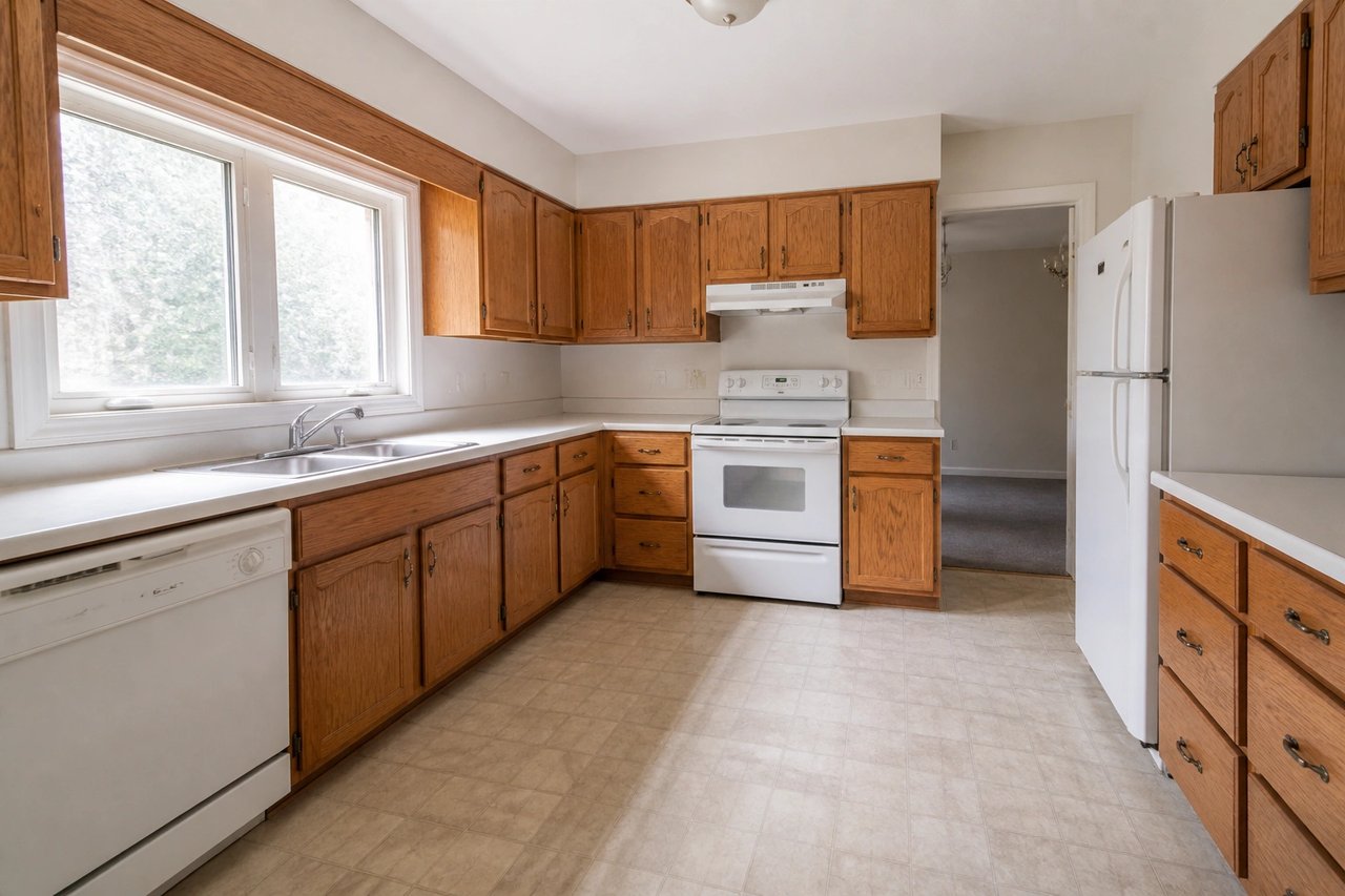 Dated oak kitchen before AI home design