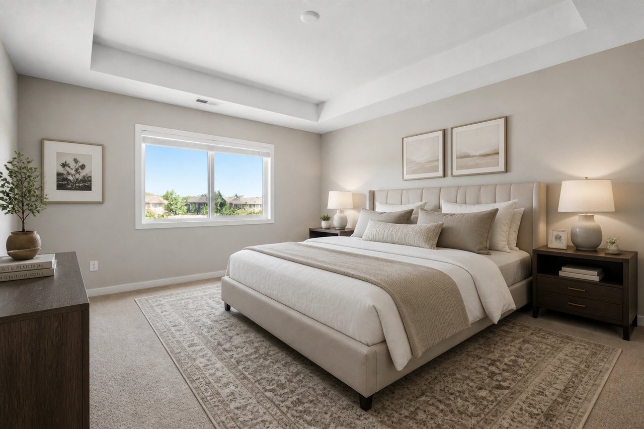 Luxe hotel-style bedroom after AI virtual staging