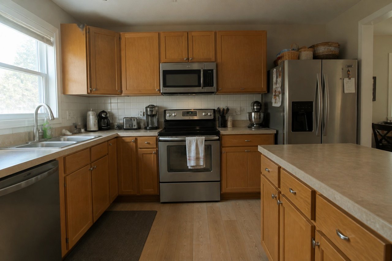 Plain laminate kitchen countertops before AI redesign