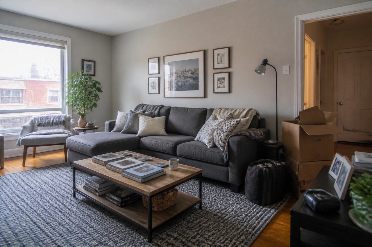 Cluttered furnished living room before AI furniture removal