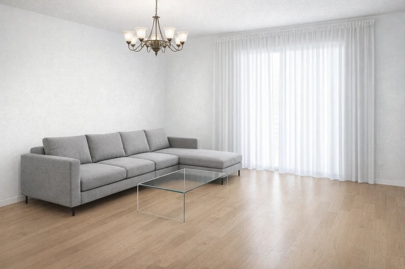 Add modern minimalist furniture with a grey sofa
